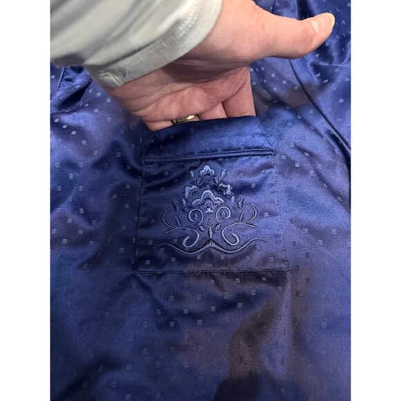 Miss Elaine XL Womens Satin Pajama Set Navy Blue Embroidered Top & Elastic Waist - Picture 2 of 13
